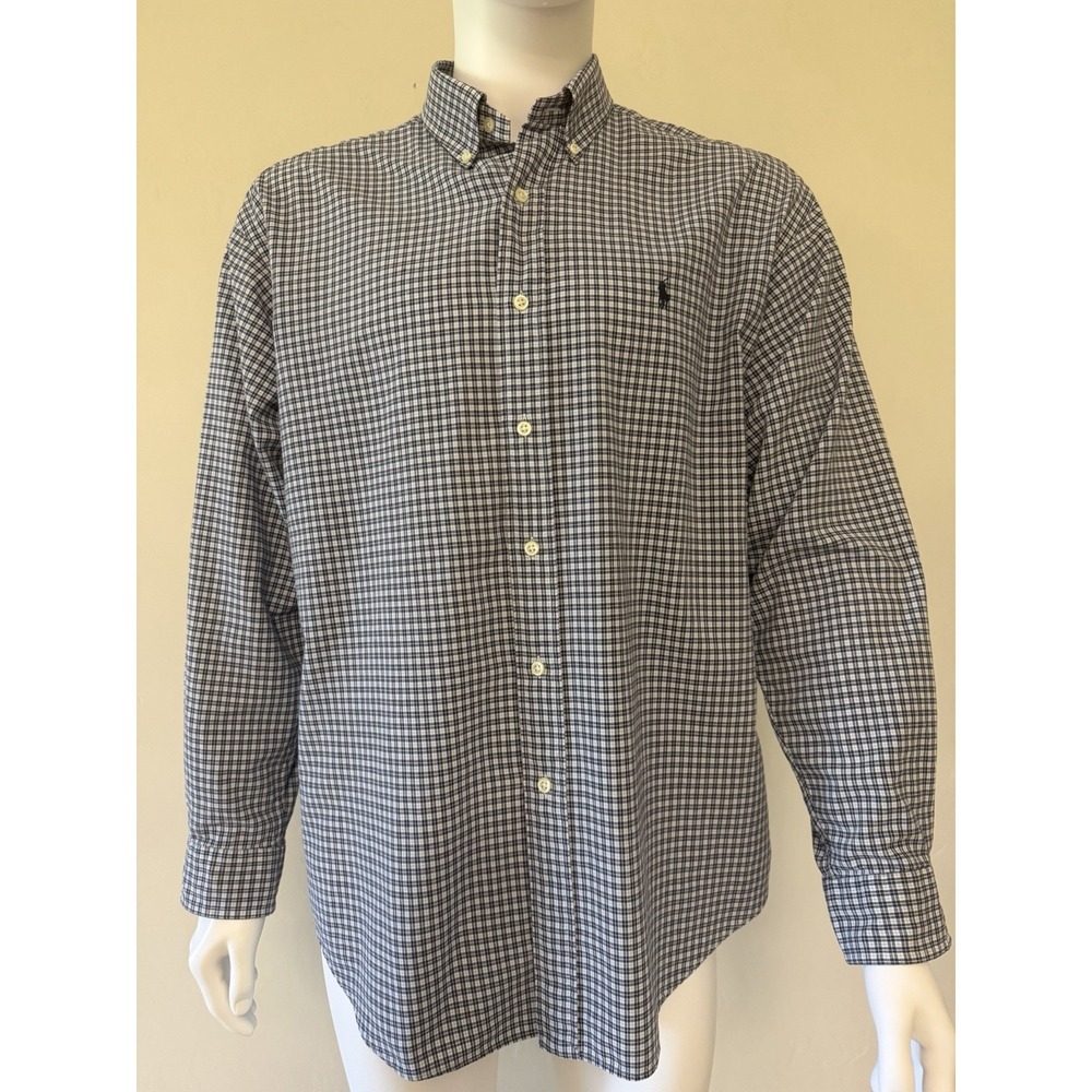Ralph Lauren Blue White Plaid Cotton‎ Blake Button-Up Men Shirt L Long Sleeve